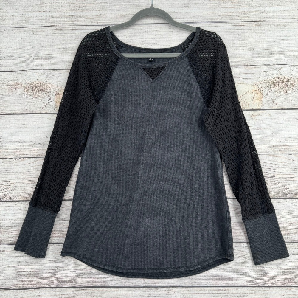 Lucky Brand Thermal Top Women Large Gray Crochet Lace Sleeve Waffle Knit Raglan